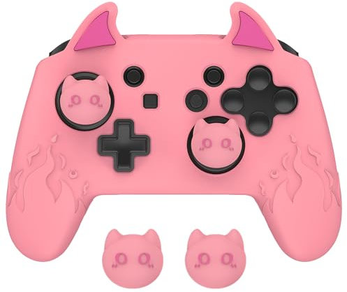 playvital Cover Skin per Nintendo Switch PRO Controller,Demone Carino Custodia Silicone Protettiva Antiscivolo per Nintendo Switch PRO Joystick&Copri Analogici&Adesivi-Rosa