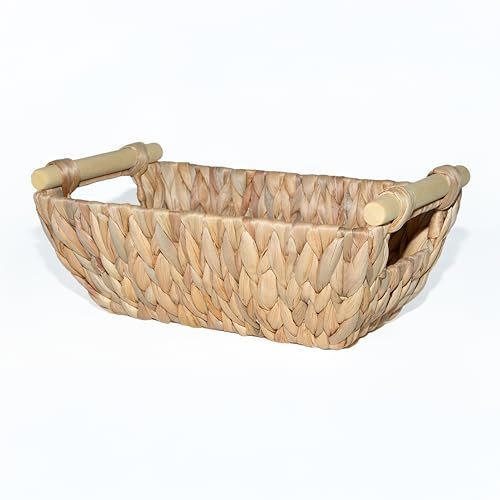 Wickerfield Water Hyacinth Woven Storage Basket for Shelves Wicker Gift Hamper with Wooden Handle Small Bathroom Organizer