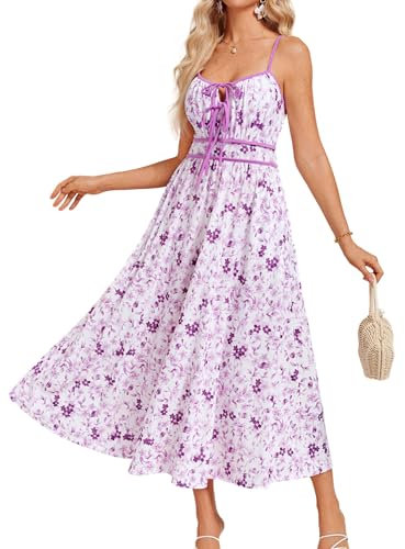 GRACE KARIN Abito estivo da donna, linea ad A, con scollo a V, abito lungo, senza maniche, motivo floreale, stile bohémien, con spalline e spalline, Lilla, L
