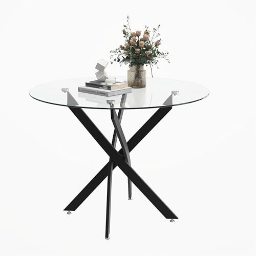 IMHKAM Mesa de comedor redonda de cristal con patas cruzadas negras, mesa de cocina de estilo moderno de 31.5 pulgadas para comedor, cocina, color negro