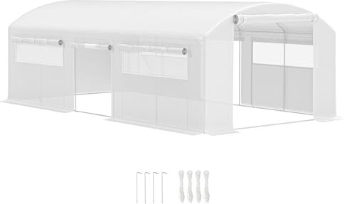 Outsunny Invernadero de Exterior 6x3x2 m Invernadero de Túnel con 6 Ventanas de Malla Cubierta de PE Anti-UV y 3 Puertas Enrollables con Cremallera Invernadero para Jardín Patio Blanco