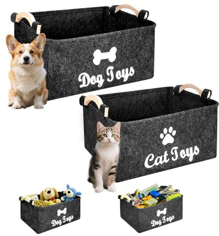 Jiayaus 2Pcs Dog Toy Box, Felt Collapsible Dog Toy Basket with Handles, 39x27x18cm Dog Toy Storage, Cat Toy Box for Organizing Pet Toys, Dog Clothes, Pet Food, Towels and Blankets