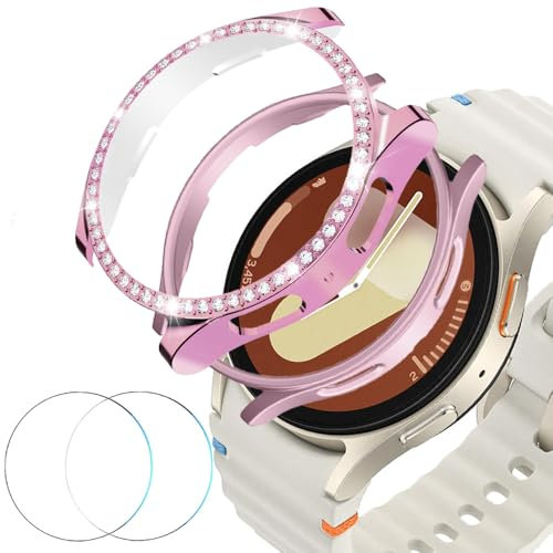 DEALELE [Lot de 2 + 2 coques en verre trempé compatibles avec Samsung Galaxy Watch 7 de 40 mm, Bling Diamond + coque de protection en polycarbonate mat + protecteur d'écran en verre trempé, rose +