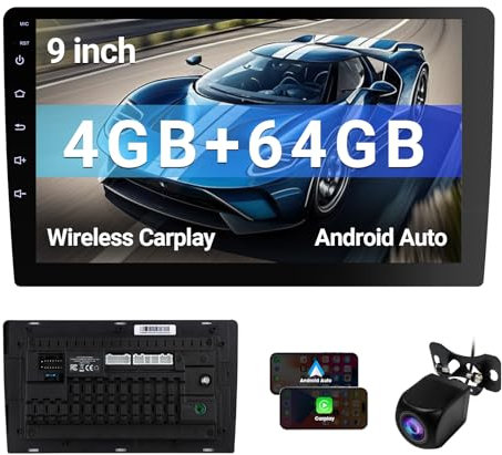 Radio Coche Android 13 de 9 Pulgadas, Radio de Doble Automóvil con Bluetooth, Pantalla Táctil, Inalámbrica Apple CarPlay/Android Auto, Cámara Inversa, Navegación GPS, Radio Am/FM, Reproductor MP3