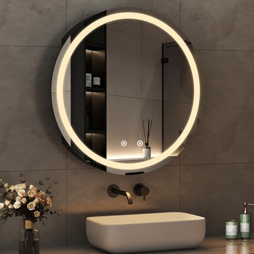 Boromal Spiegelschrank Rund mit Beleuchtung Schwarz LED Spiegelschrank Bad mit Beleuchtung Metall Badezimmerschrank mit Dimmbar + Beschlagfrei + Stecker + Ablage (80 x 80 cm)