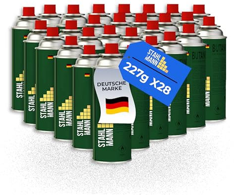 STAHLMANN® 28x Gaskartuschen 227g [Made in EU] – Butangas Kartusche mit MSF-1a Ventil für Campingkocher, Grill, Gaskocher, Gasheizung,Unkrautbren – Gaskartuschen