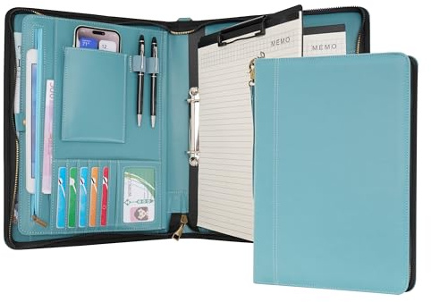 Wason A4 Reißverschluss Kunstleder Schreibmappen Padfolio mit abnehmbarem Ringbinder Portfolio und Schreibblock-Halter, Konferenzmappe mit Mehrfachtaschen für Büro Reise Schule (Cyan)