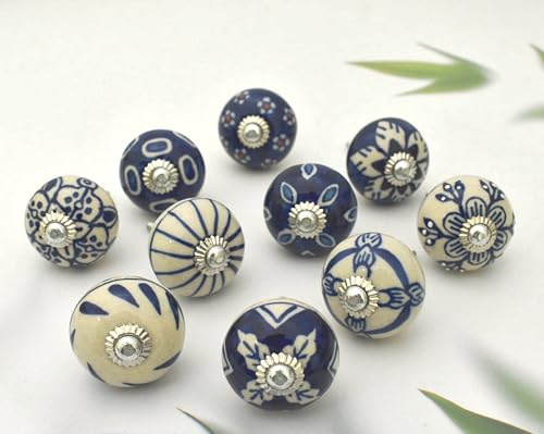 ARTISNO Set mit 10 blauen und weißen Keramikknöpfen für Küchenschränke, Möbel, Badezimmer, Kommoden, Schubladen, Kommoden, handbemalte dekorative bunte Keramikgriffe
