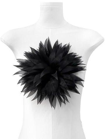 WANYI Stoffblumen zum Aufnähen Ansteckblume Damen 23cm Tüllblumen zum Aufnähen Chrysantheme Applique Applikation für DIY Basteln Kleidung Zubehör(Schwarz)
