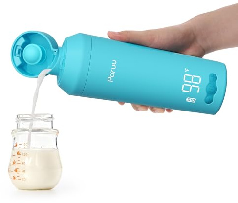 Paruu Tragbarer Flaschenwärmer Baby für Unterwegs, Leicht zu Reinigende Weite Öffnung, Schnellaufheizen in 2 Min, 7-Stufige Temperaturregelung, 30W-Schnellladung, 350ml Kapazität, Blau