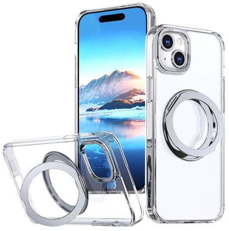 XKchatpt Mag-Stand 360° Rotatable Ring Magnetic Case for iPhone 15;［Supports wireless charging］Transparent Hard Silicone Shockproof Cover with Ring Holder for iPhone 15(Clear)