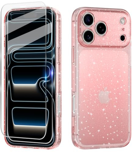 Tikgue Hülle für iPhone 17 Pro mit 2 Stück Schutzfolie,Handyhülle Glitzer Transparent Silikon Stoßfeste Schutzhülle Slim Weich TPU Case Kompatibel mit iPhone 17 Pro - Rosa