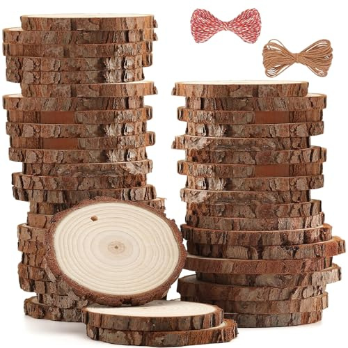 40 Piezas Rodajas Madera Natural con Agujeros & Cuerda Cáñamo, 5-6cm Rebanada Círculos, Discos Madera con Corteza Árbol para Manualidades, Decoración Navidad, Adornos Halloween, Bricolaje, Boda