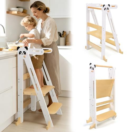 SOFTHOM Lernturm Klappbar, Montessori Learning Tower für Kinder, 3-Fach Höhenverstellbar, Platzsparend, Sicherheitshandlauf, 360° Kippschutz, Multifunktion Lernturm ab 1 Jahr für Küche(Birke), Weiß