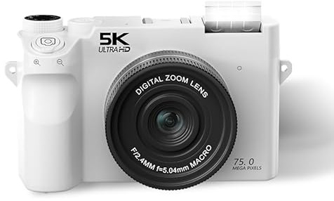 Tosuny 5K Digitalkamera für Fotografie, 75 MP WiFi Vlogging Kamera mit Doppelobjektiv, 3,0 Zoll UHD Display, 18 fachem Digitalzoom, Integriertem Mikrofon, LED Fülllicht, für Reisen, (White)