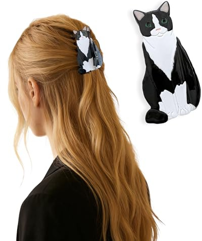 LONGHAO Pince à cheveux « Chat noir aux yeux verts » - Motif animal mignon - Barrette à cheveux en acrylique pour femme et fille - Pour tous les jours, fête et idée cadeau - Accessoire de cheveux