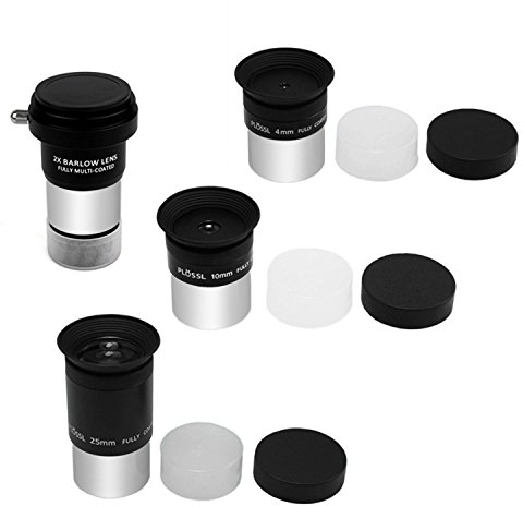Astromania Multi Coated 1.25-Inch Plossl Eyepiece Set (4mm, 10mm, 25mm) with 2X Barlow Astronomical Telescope Accessory Kit - Let You Get The Most Out and Enhances Performance of Your Telescope