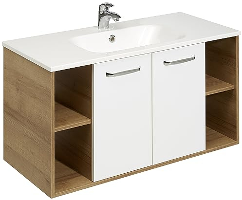 Pelipal Waschtischunterschrank Quickset 362 mit Mineralmarmor-Waschbecken in Riviera Eiche Quer Nachbildung, 101 cm breit | Waschplatz mit 2 Drehtüren und 2 Ablagefächern