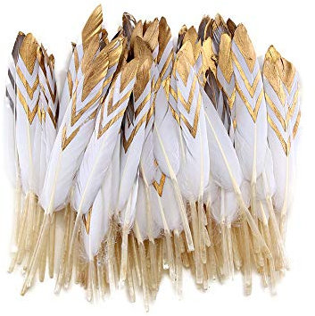 Sowder 50PCS colorato oro piume d' oca 4 – 15,2 cm (10 – 15 cm) per creazioni artistiche party decorazione accessori di abbigliamento piuma d' anatra White&gold
