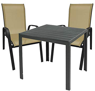 Mojawo Hochwertige Gartengarnitur 3-teilig Gartentisch 90x90cm Anthrazit WPC Grau + 2 Stapelstühle Textilen Anthrazit/Beige