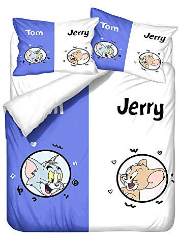 NICHIYO Tom and Jerry Bettwäsche-Set – Bettbezug und Kissenbezug, Mikrofaser, 3D-Digitaldruck, dreiteilige Bettwäsche (13, Einzelbett 135 x 200 cm)