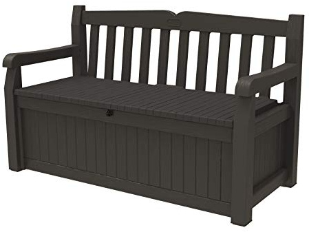 Keter Solana 70 Gallon Storage Bench Deck Box for Patio Furniture, Front Porch Decor and Outdoor Seating – Perfect to Store Garden Tools, Brown/Brown