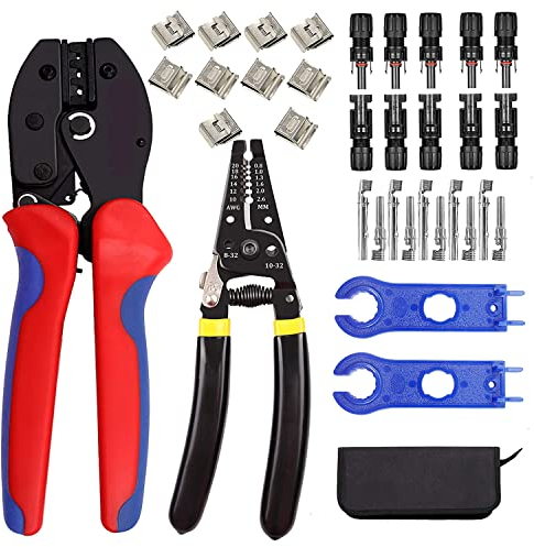 QeeHeng Kit di strumenti di crimpatura connettore per cavo solare, 1 crimpatrice, 1 spelafili, 5 paia di connettori maschio/femmina per pannello solare, 2 chiavi diritte, 35 pezzi