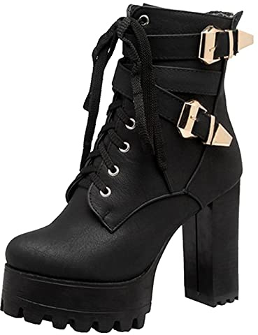 Smilice Damen Stiefeletten Plateau Blockabsatz 12 cm mit Doppelverschluss | Obermaterial aus PU oder Veloursleder; Profilsohle; elastisches Fußbett; Nieten; Party, Büro, Alltag; Herbst/Winter