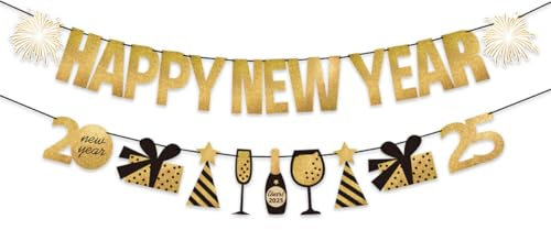 Dusenly 2022 Happy New Year Banner Gold 2022 Silvester Party Wimpelkette Banner Girlande für 2022 Neujahr Party Dekorationen Gefälligkeiten