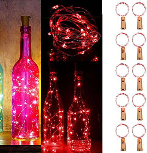 Guezuvoru Lot de 10 guirlandes lumineuses pour bouteille de vin avec bouchon en liège, 20 LED, étanches en fil argenté, pour Noël, fête de mariage, décoration de bocal Mason - Rouge - 2 m