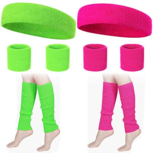 Neon 80er Schweißband Set 6-Teiliges Jahre Schweißband Stirn Schweißband Handgelenk und 4 Stück Beinstulpen Beinärmel Farbe Neon Haargummis Retro Party Accessoires Für Damen und Herren in 2 Farben