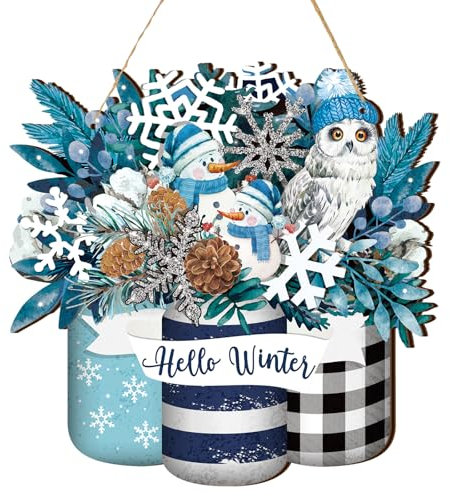 Spiareal Winter-Willkommensschild aus Holz, Blau, Weiß, Silber, Haustür-Dekoration, Winter-Hängeschild, Outdoor-Holzkranz, Dekorationen für Bauernhaus, Veranda, Haustür, Dekor (Blau, Weiß,