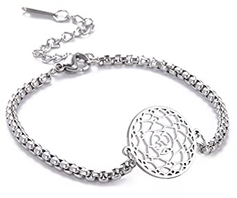 VASSAGO Om Aum Armband Ohm Lotus Anhänger Buddha Kette Edelstahl Rund Meditation Schmuck für Frauen Mädchen Edelstahl ohne Edelstein, Edelstahl, Ohne Edelstein