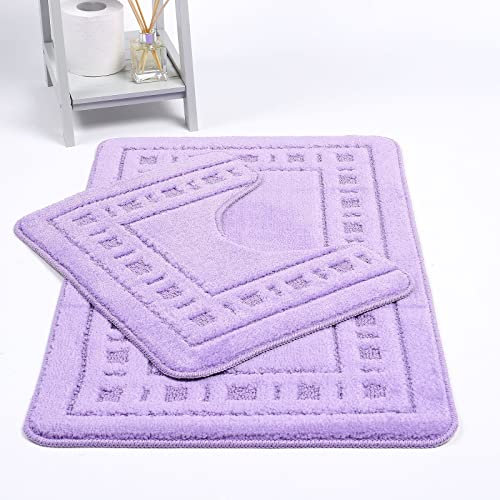 ER Direct Diem 2 Piece Bath Mat & Pedestal Set Non Slip Extra Absorbent Bathroom Toilet Rug Bath Mats Set (Lilac)