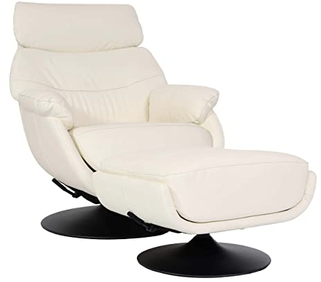 Mendler Relaxsessel mit Hocker HWC-K99, Fernsehsessel Sessel, Wippfunktion drehbar, Metall Echtleder/Kunstleder - Creme-weiß