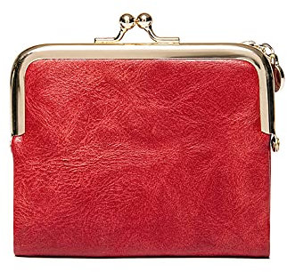 Vllcsla Portemonnaie für Frauen Clip Schnalle Vintage Kleine Größe Niedliches Leder Portemonnaie mit Reißverschlusstasche für Täglichen Gebrauch - Damen Kurze Geldbörse Kompakte Clutch (Rot)