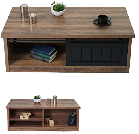 Mendler Couchtisch HWC-K75 Holz-Optik Metall 44x120x60cm - braun | Beistelltisch, Wohnzimmertisch, Schiebetüre, 6 Staufächer