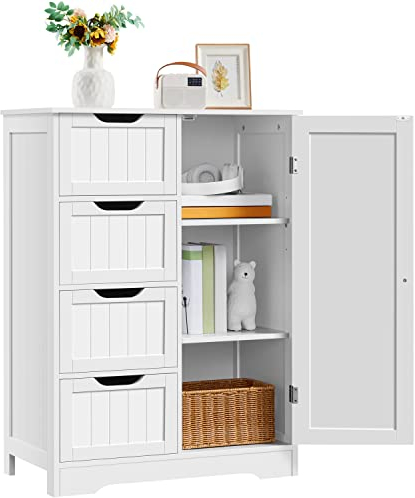 Yaheetech Armario de Baño Columna Mueble Baño Auxiliar Armario de Almacenamiento Cajonera con 4 Cajones para Sala de Estar, Cocina, Blanco 66x35x90cm