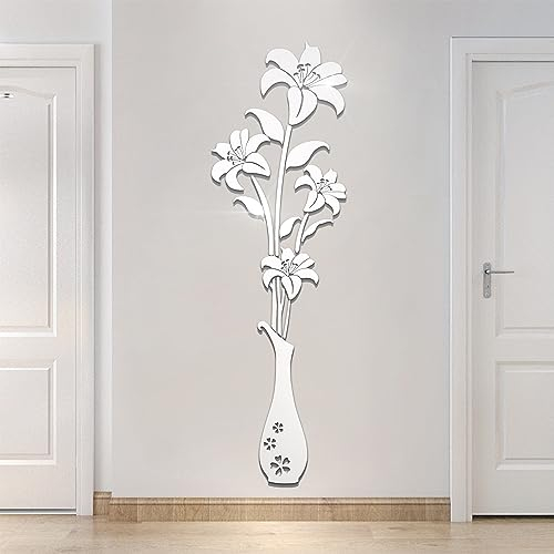 HNVNER Calcomanías de pared de espejo, calcomanías de pared de flores 3D para sala de estar, dormitorio, decoración de paredes para fondo de TV y telón de fondo de sofá (L, espejo plateado)