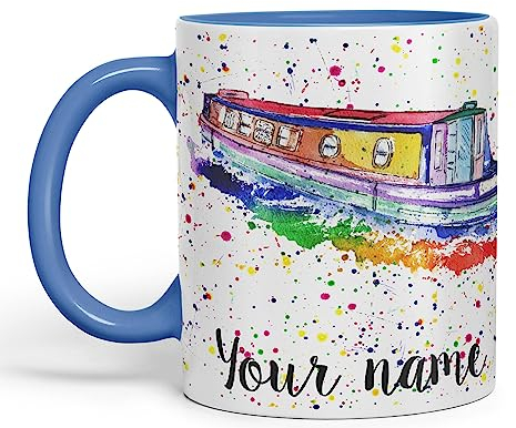 Vixar Personalised with Your Text Narrowboat Canal Boat Watercolour Art Coloured Ceramic Mug Cup Gift 330ml 11oz Custom Work Office Tea Coffee (C Blue)