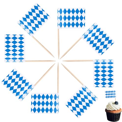 100 palillos de dientes con bandera del Oktoberfest, palillos de cóctel con bandera de Baviera, bandera de cuadros azules y blancos, decoración de cupcakes, mini palillos de dientes para fiestas de