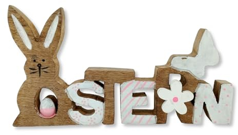 Holz und Metall Osterdeko Holz Oster-Schriftzug rosa mit Hase, Ei, Blume und Schmetterling 27 x 15cm Ostereier Oster-Deko Tisch Dekoration
