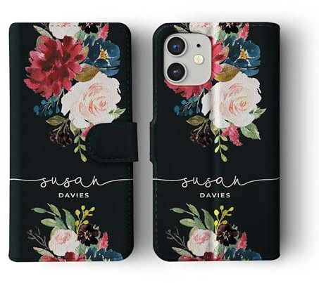 Tirita Personalised Wallet Flip Phone Case Compatible with iPhone 14 Pro Max, with card pockets, Floral Roses Pink on Black