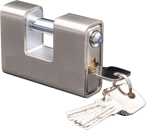 AntDau71 - Candado blindado recubierto antirrobos de 1 kg con 5 llaves - Acero macizo - Grillete grueso 12 mm - Cerrojo para moto, persiana, portón, seguridad garaje. Longitud 93 mm - CW840