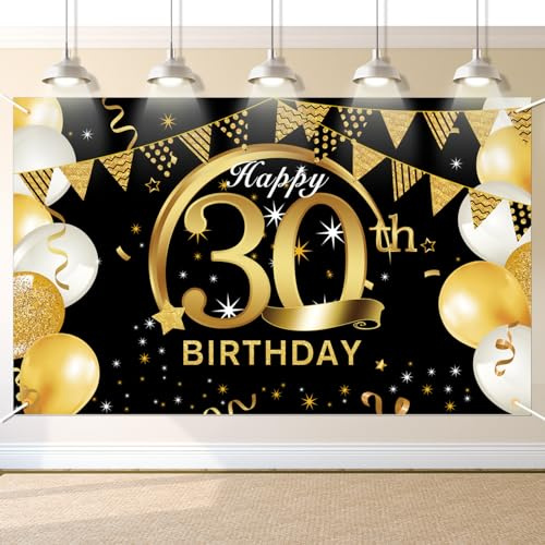 Jiusely 30th Happy Birthday Banner, 30 Black Gold Party Decorations 180 x 110 cm, 30 Banner Decoration Photo Backdrop, 30th Birthdays Party Decorations for Men Women