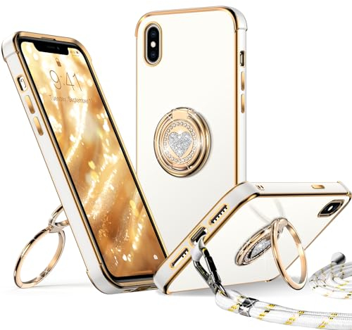 XYZ for iPhone X/XS Case with Stand, Heart Lanyard for Girls Women, Luxury Cute Bling Protective Cover for iPhone X/XS, White
