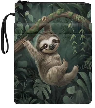 Poceacles Buchumschlag für Schüler, waschbar, Stoff, Reißverschluss, Buchschutz für Taschenbuch, Notizbuch, Lehrbuch, Hardcover, Faultier, tropisches Blatt