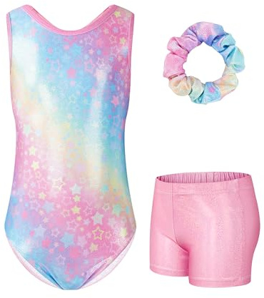 JiAmy Gymnastikanzug Mädchen, Turnanzug Kinder mit Hose Haarband Set, Glänzendes Gymnastik Turnanzug Leotard für 11-12 Jahre