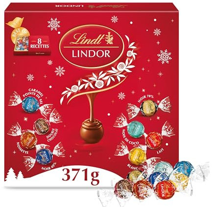 Lindt - Boîte Partage LINDOR - Assortiment de Chocolats au Lait, Blancs, Noir 70%, Noix de Coco, Double Chocolat, Caramel Pointe de Sel, Noisettes et Noir 45%​ - Cœur fondant - Idéal pour Noël, 371g