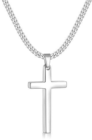 Zinvefa Kreuz Kette Herren Edelstahl Anhänger Kreuz Halskette Silber/Schwarz/Gold,Anhänger 15 * 28mm - 45 * 25mm